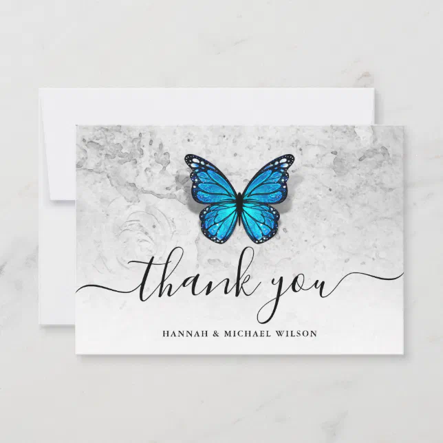 Elegant Simple Script Blue Butterfly Thank You Card | Zazzle