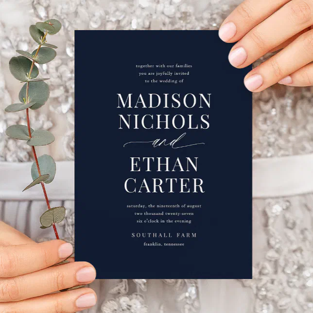 Elegant Simple Script Navy Blue Budget Wedding Invitation | Zazzle