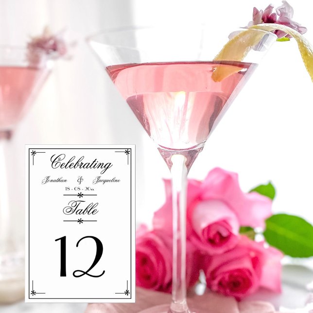 Elegant Simple Script Personalized Names Table Number (Simple elegant script, personalized names, chic white wedding table numbers.)