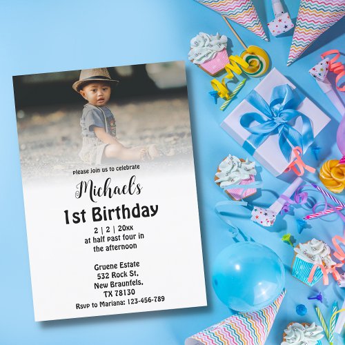 elegant simple script photo boy 1st birthday  invitation