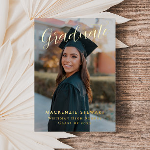 Elegant Simple Script Photo Graduation Gold Foil Invitation