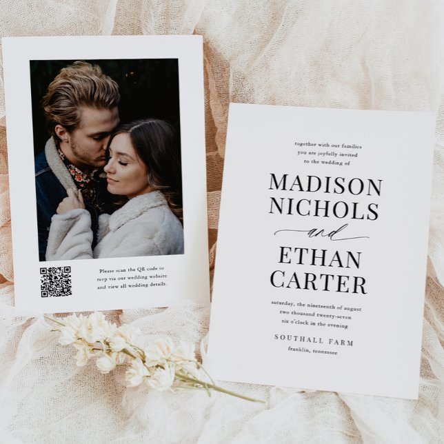 Elegant Simple Script QR Code Photo Wedding Invitation (Creator Uploaded)