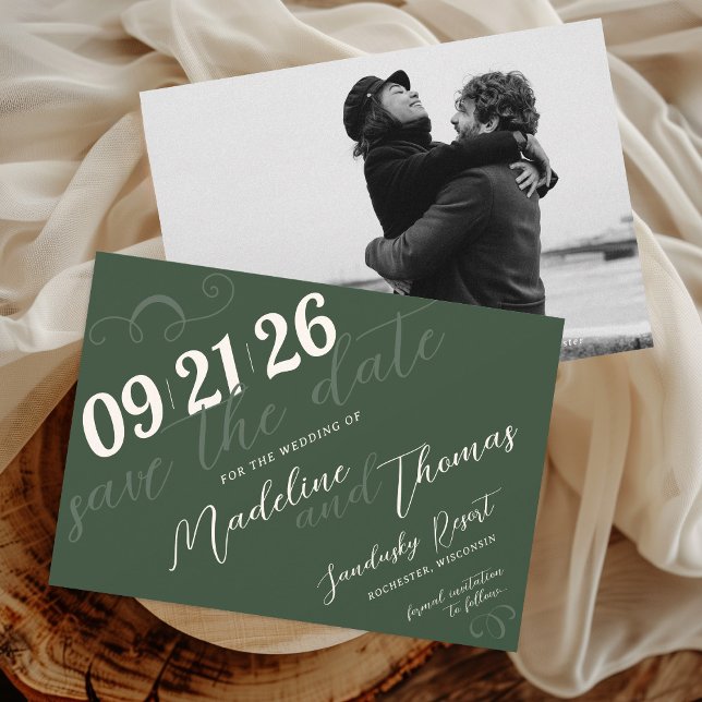 Elegant Simple Script Sage Green Photo Wedding Save The Date (Elegant simple modern swirl slant script dark sage olive green classic photo wedding save the date)