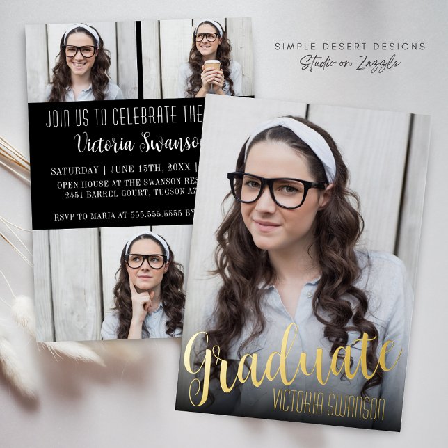 Elegant Simple Script Trendy 4 Photo Graduation Foil Invitation (Modern Script Graduation Party Invitation with Gold Foil and Trendy Typography)