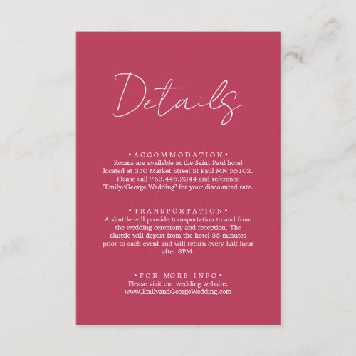 Elegant Simple Script Viva Magenta Wedding Details Enclosure Card
