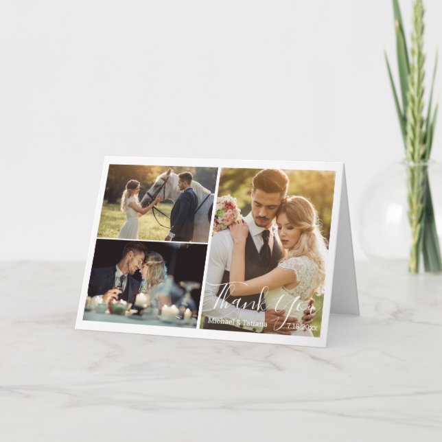 elegant simple script wedding 3 photos chic letterpress thank you card (Front)