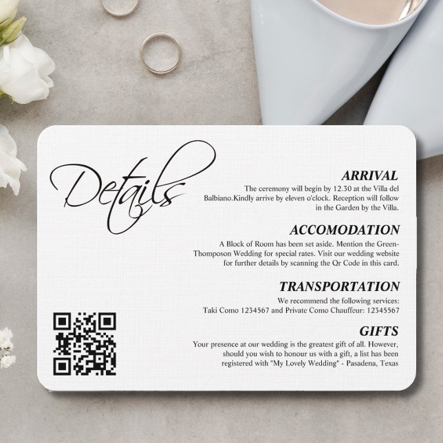 Elegant Simple Script Wedding Details QR Code  Enclosure Card (Creator Uploaded)