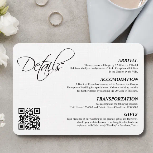 Elegant Simple Script Wedding Details QR Code Enclosure Card | Zazzle