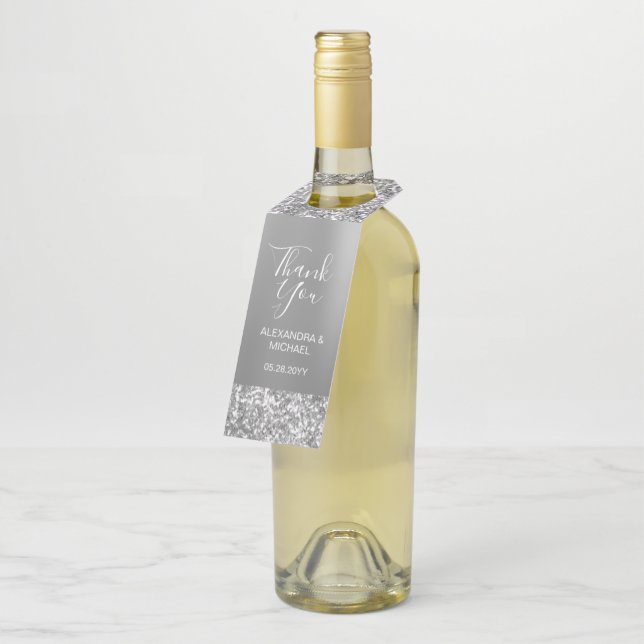 Elegant Simple Silver Glitter Wedding Thank You Bottle Hanger Tag (Angled)