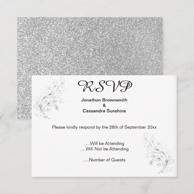 ELEGANT SIMPLE SILVER LEAF SILVER GLITTER RSVP INVITATION (Front/Back)