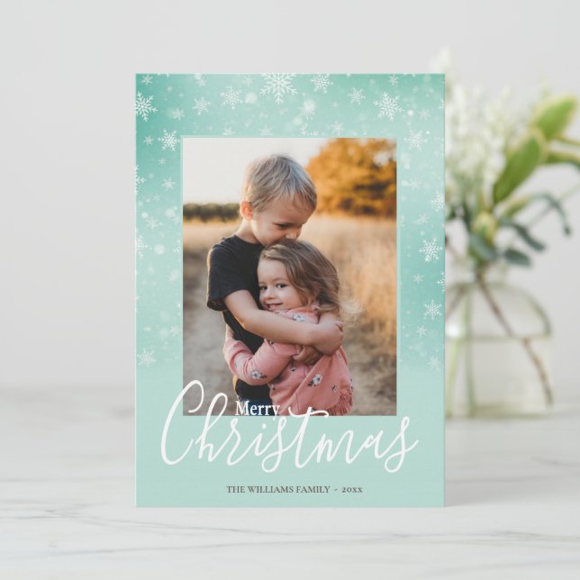 Elegant Simple Snowy Green Merry Christmas Photo Holiday Card (Standing Front)