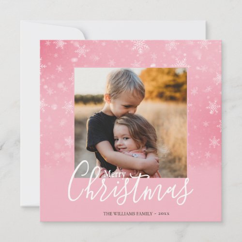Elegant Simple Snowy Pink Merry Christmas Photo Holiday Card