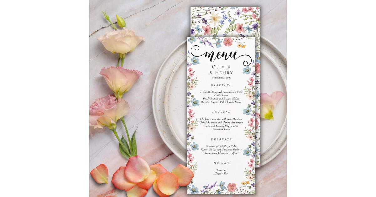 Elegant Simple Spring Wildflowers Wedding Menu | Zazzle