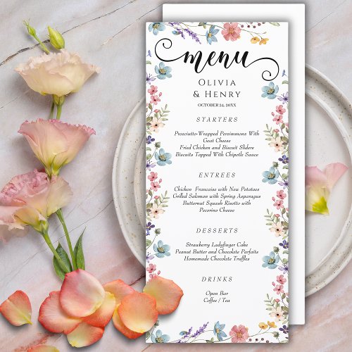 Elegant Simple Spring Wildflowers Wedding  Menu