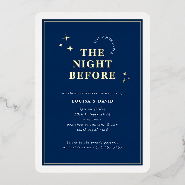 ELEGANT simple stars rehearsal dinner navy blue Foil Invitation (Front)