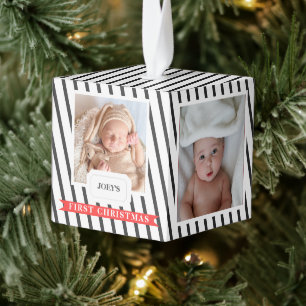 Elegant Simple Stripes Baby 1St Christmas 4 Photo Cube Ornament