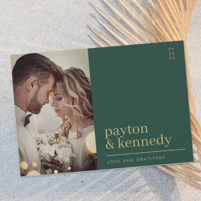 Elegant Simple Stylish Emerald Green Gold Photo Thank You Card (Creator Uploaded)