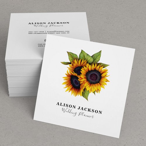 Elegant simple sunflowers bouquet wedding planner square business card