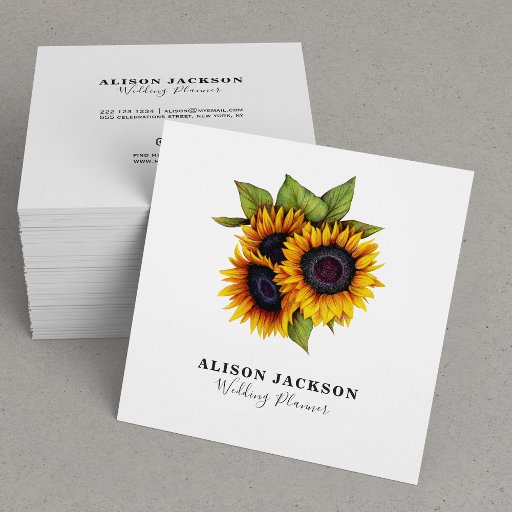 Customizable Elegant simple sunflowers bouquet wedding planner square business card