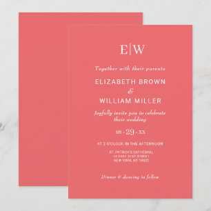 Elegant Simple Sunset Coral with Monogram Wedding Invitation
