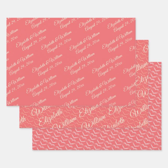 Elegant Simple Sunset Coral with Monogram Wedding Wrapping Paper Sheets (Set)