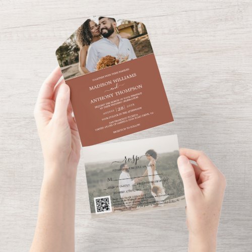 Elegant Simple Terracotta 2 Photo Qr Code Wedding All In One Invitation