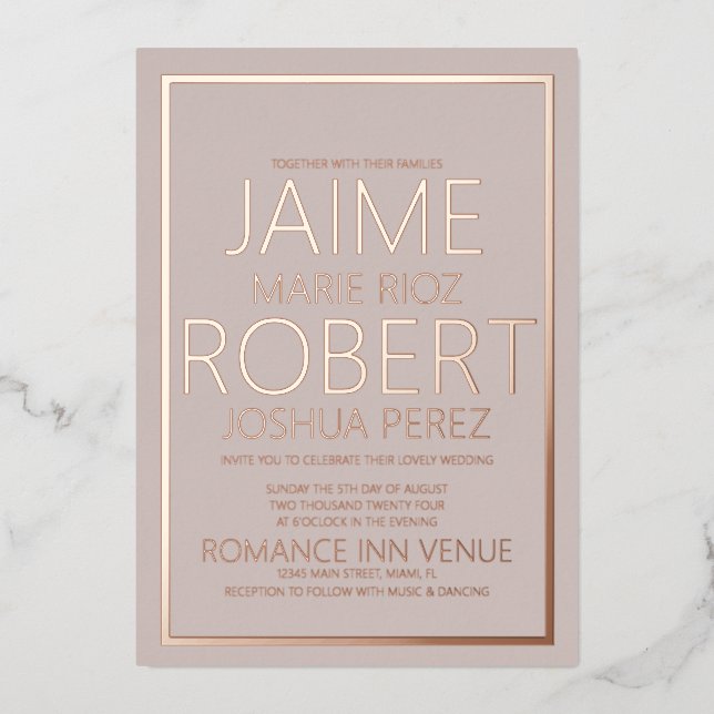 ELEGANT & SIMPLE Typography Muted Tan Wedding Foil Invitation (Front)