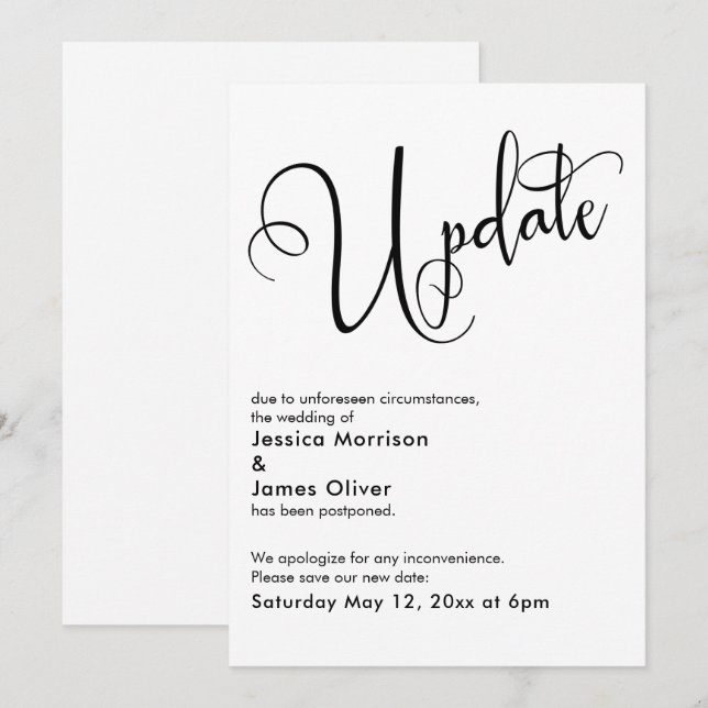 Elegant Simple Update Postponed Wedding Card (Front/Back)