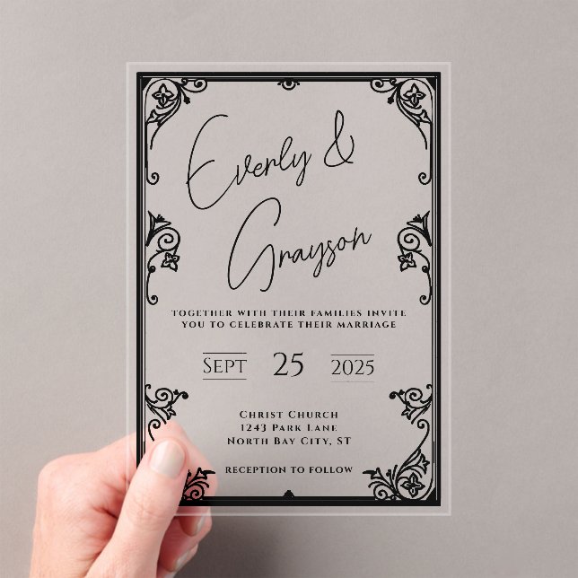 Elegant Simple Victorian Floral Border Wedding Acrylic Invitations (Insitu (Handheld))