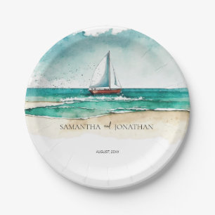 Elegant simple watercolor boat cruise wedding paper plates