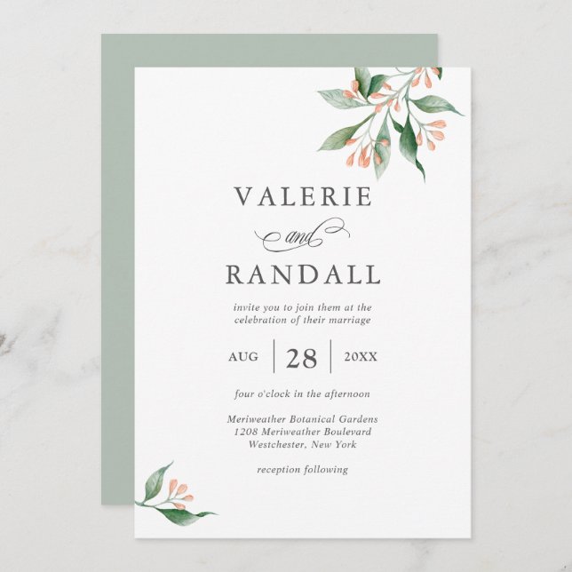 Elegant Simple Watercolor Botanical Wedding Invitation (Front/Back)