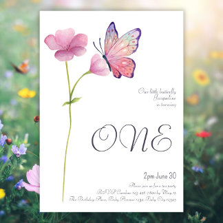 Elegant Simple Watercolor Butterfly 1st Birthday Invitation