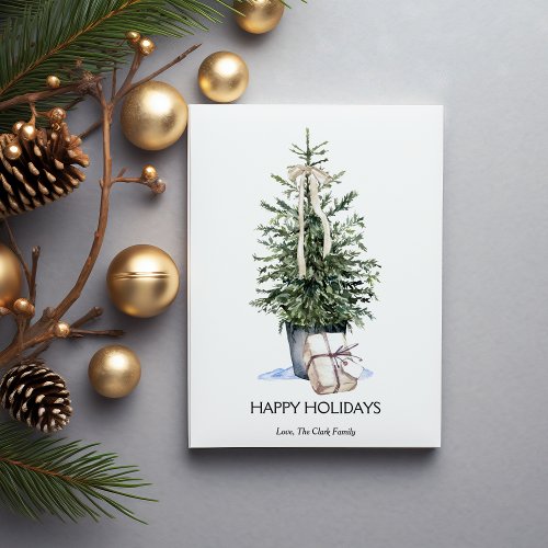 Elegant Simple Watercolor Christmas Tree Flat  Holiday Card