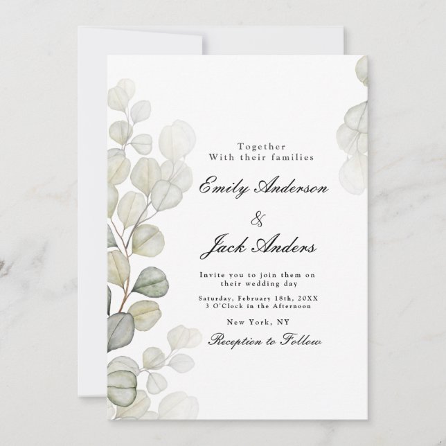 Elegant simple Watercolor Eucalyptus wedding Invitation (Front)