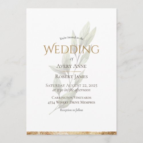 Elegant Simple Watercolor Greenery Gold Wedding Invitation