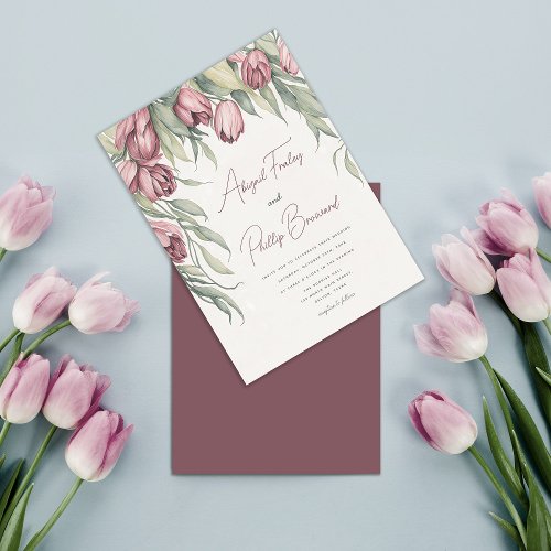 Elegant Simple Watercolor Tulip Spring Wedding Invitation