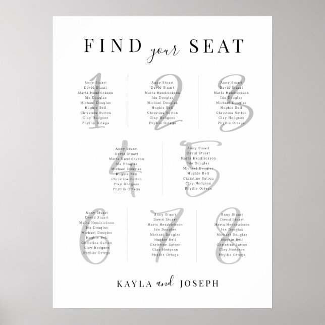 Elegant Simple Wedding 8 Table Seating Chart Sign (Front)