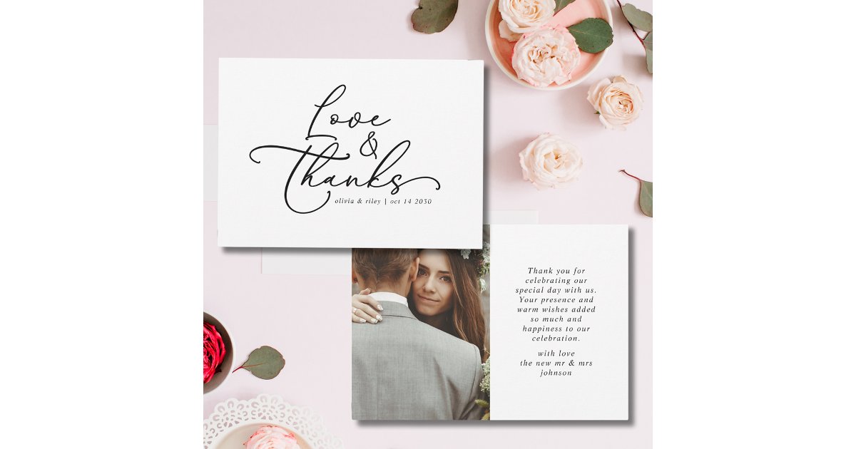 Elegant Simple Wedding Love and Thanks Photo Thank You Card | Zazzle