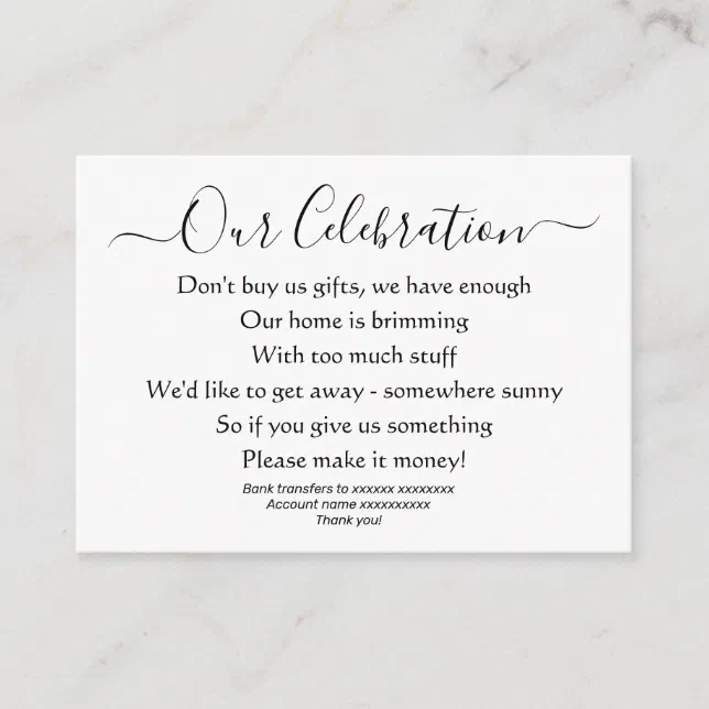 Elegant Simple Wedding No Gifts Money Poem Enclosure Card Zazzle