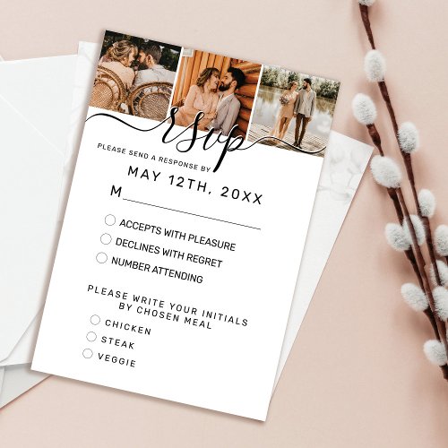 Elegant Simple White Black Photo Wedding RSVP Card