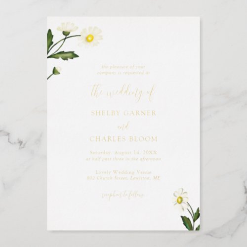 Elegant Simple White Daisy Floral Wedding Gold Foil Invitation