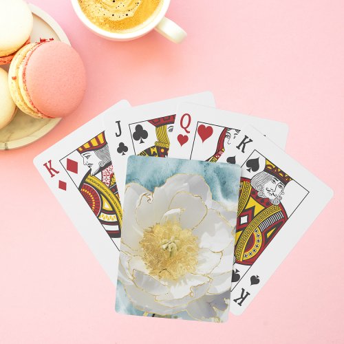 Elegant Simple White Flower Luxury Gold Watercolor Poker Cards