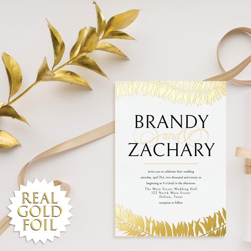 Elegant Simple White Gold Leaves Wedding Real Foil Foil Invitation