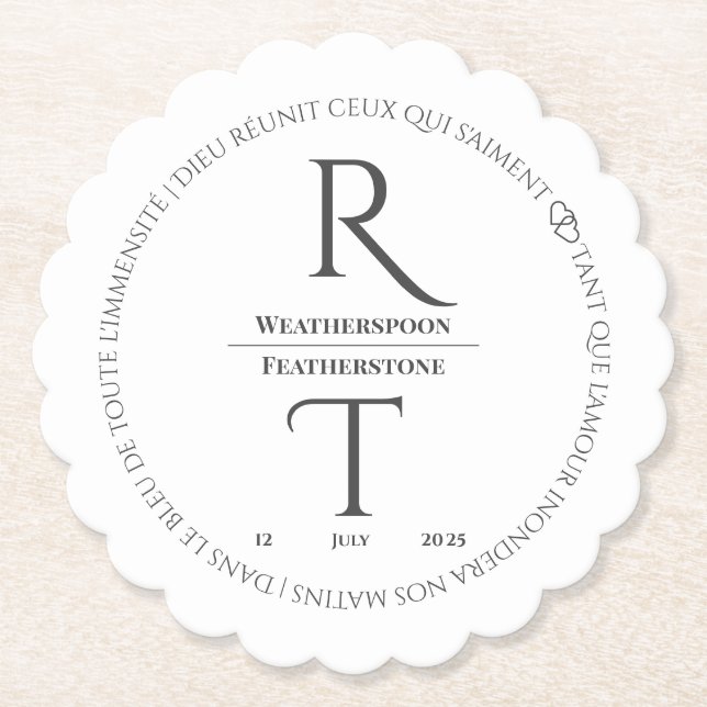 Elegant Simple White Gray Monogram Wedding Paper Coaster (Front)
