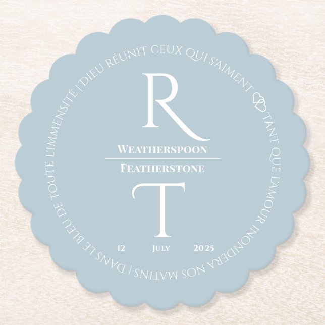 Elegant Simple White Gray Monogram Wedding Paper Coaster (Front)