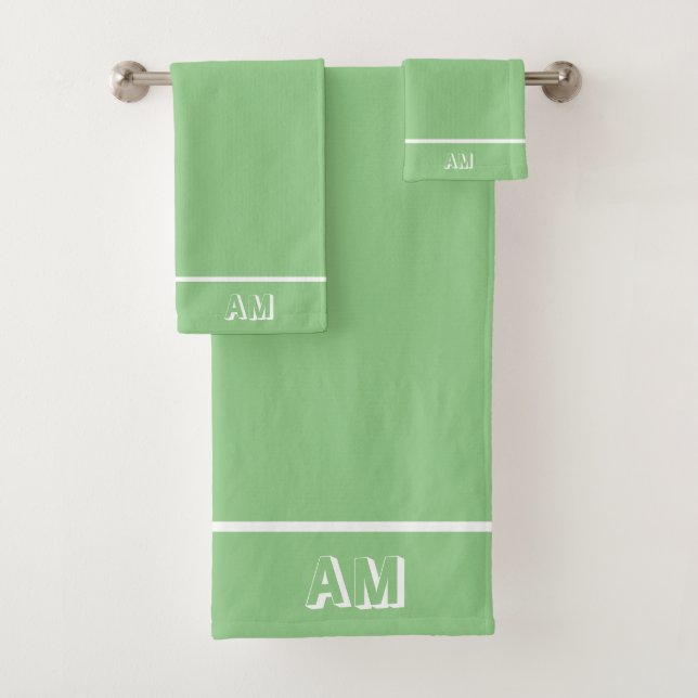 Elegant Simple White Monogram on Green Bath Towel Set (Insitu)