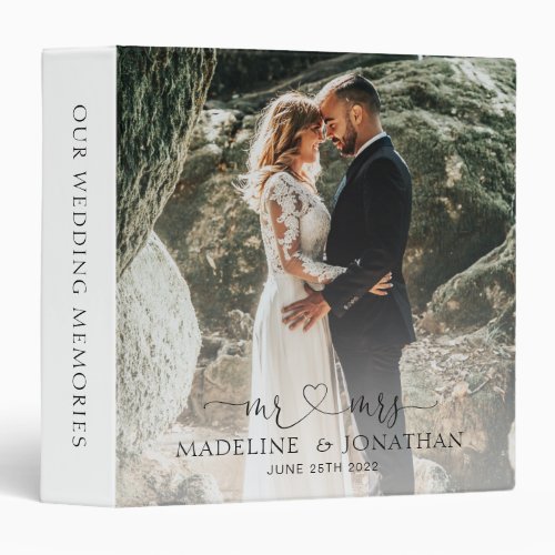 Elegant Simple White Mr Mrs Heart Photo Wedding 3 Ring Binder