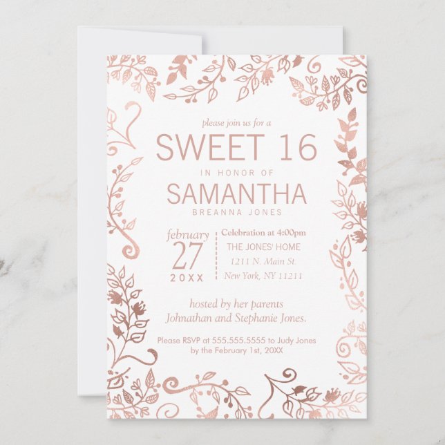 Elegant Simple White Rose Gold Floral Sweet 16 Invitation (Front)