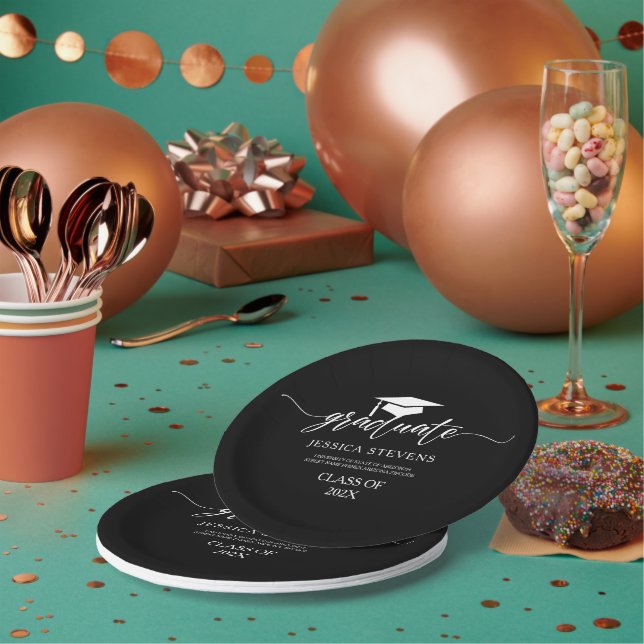 Elegant Simple White Script Calligraphy On Black Paper Plates (Multi)