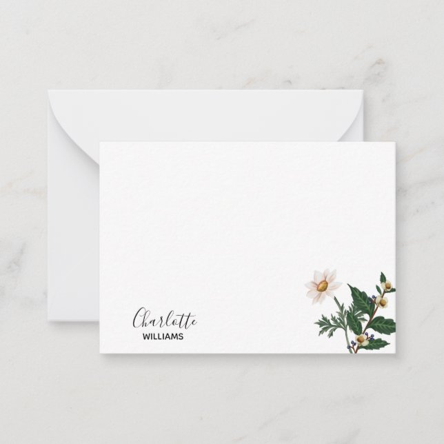 Elegant Simple White Wildflower Script Name Note Card (Front)